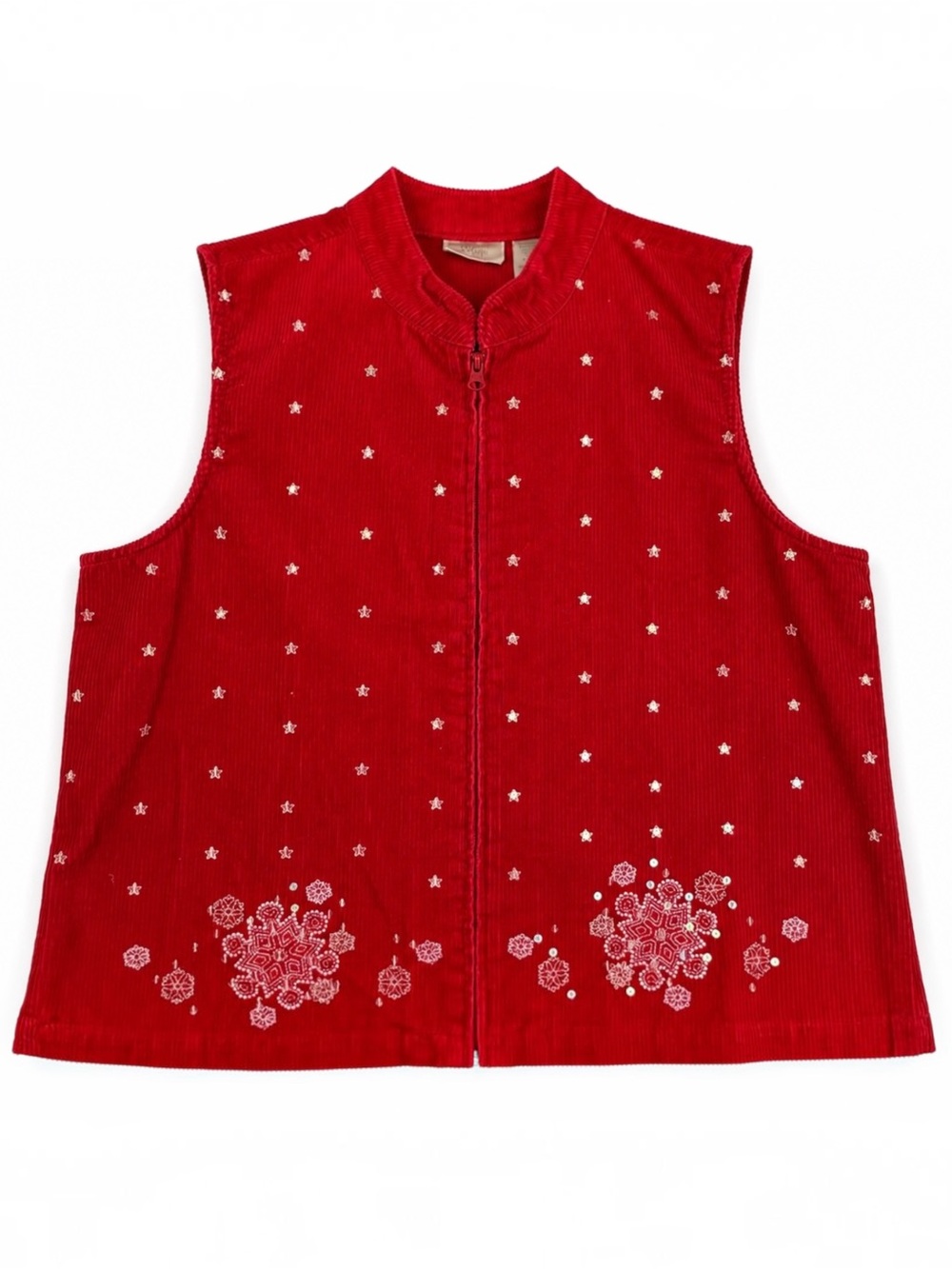 Vintage 90s Baxter & Wells Red Corduroy Sequin Snowflake Vest L P